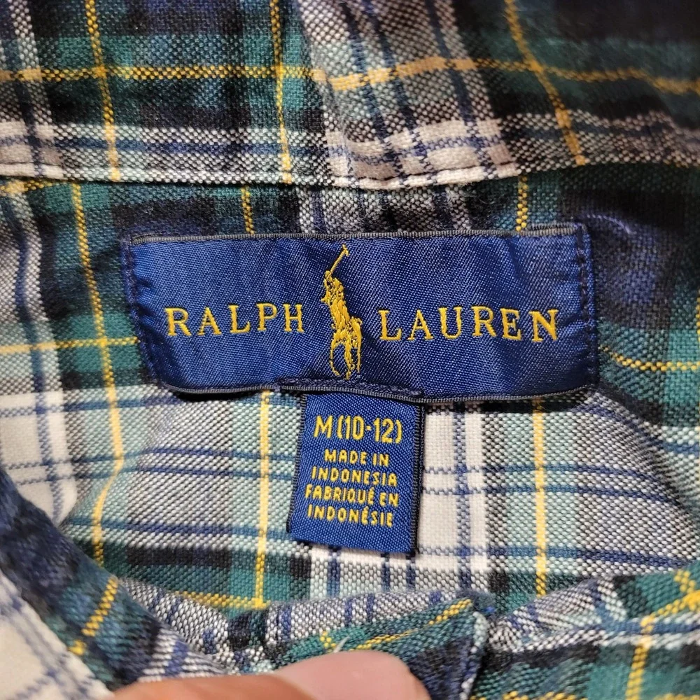 Ralph Lauren Shirt Boy Medium 10-12 Green Navy White Plaid OCBD Button Down Prep